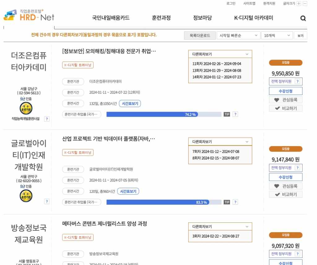 HRD-NET K-디지털 트레이닝 과정의 예시. 조건만 맞으면 이 과정들의 상당 수가 무료입니다.